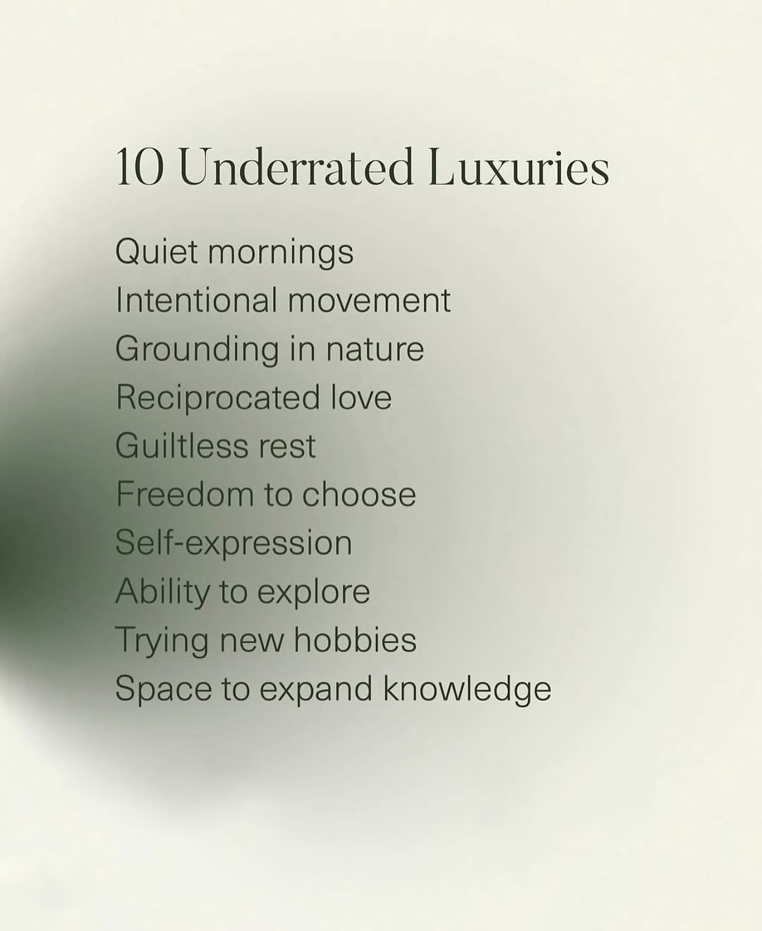 La Cabaña Instagram post: '10 Underrated Luxuries' — a minimalist list including quiet mornings, grounding in nature, and guiltless rest