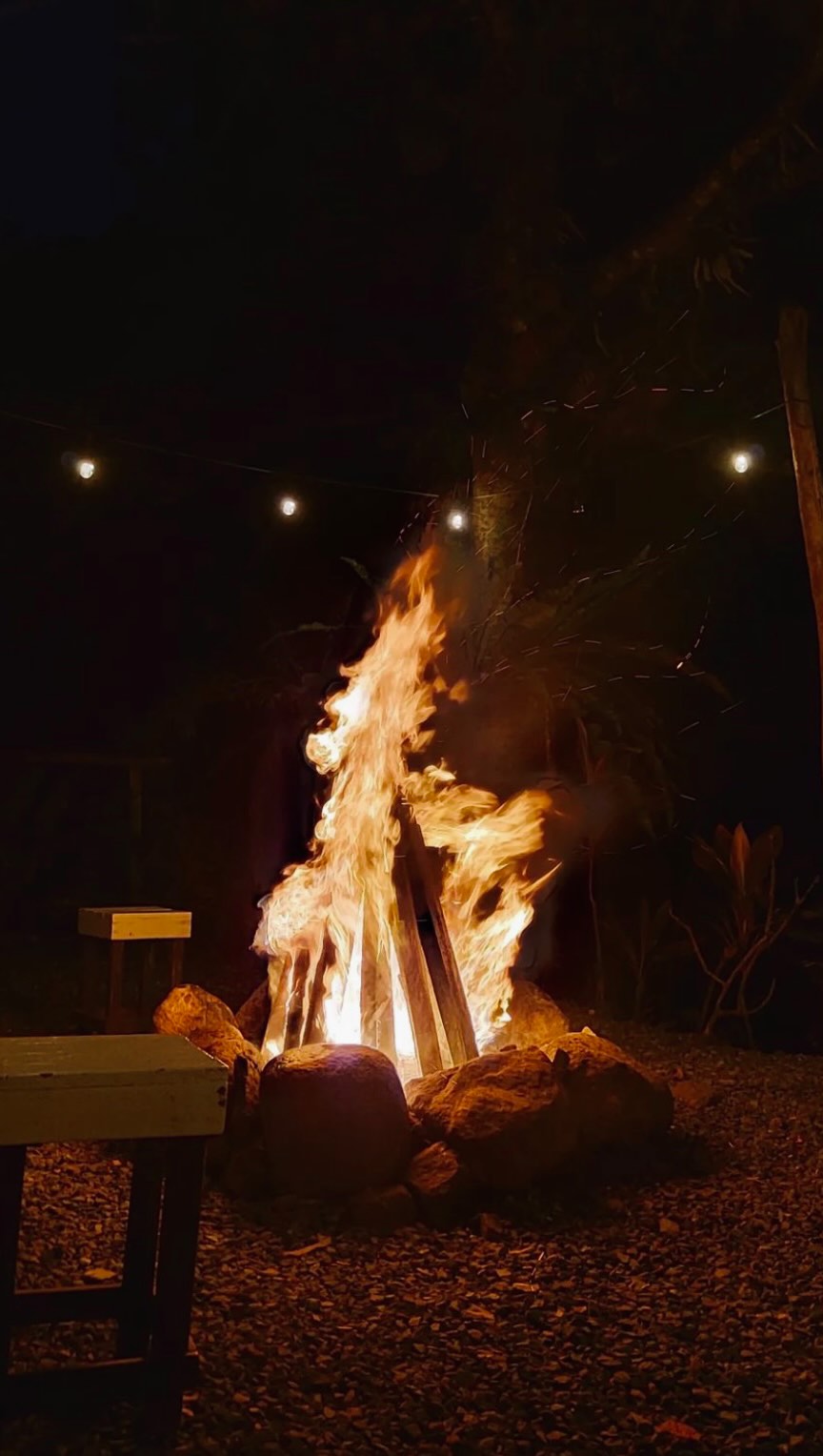 A large bonfire blazing at the La Cabaña campfire area at night, string fairy lights overhead, surrounded by forest